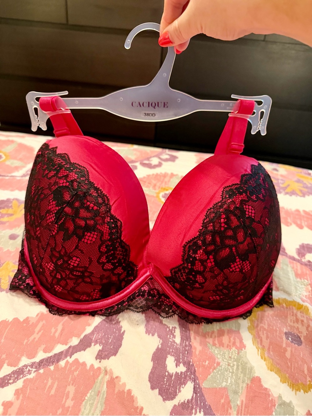 Cacique Hot Pink Satin Bra with Black Lace Overlay